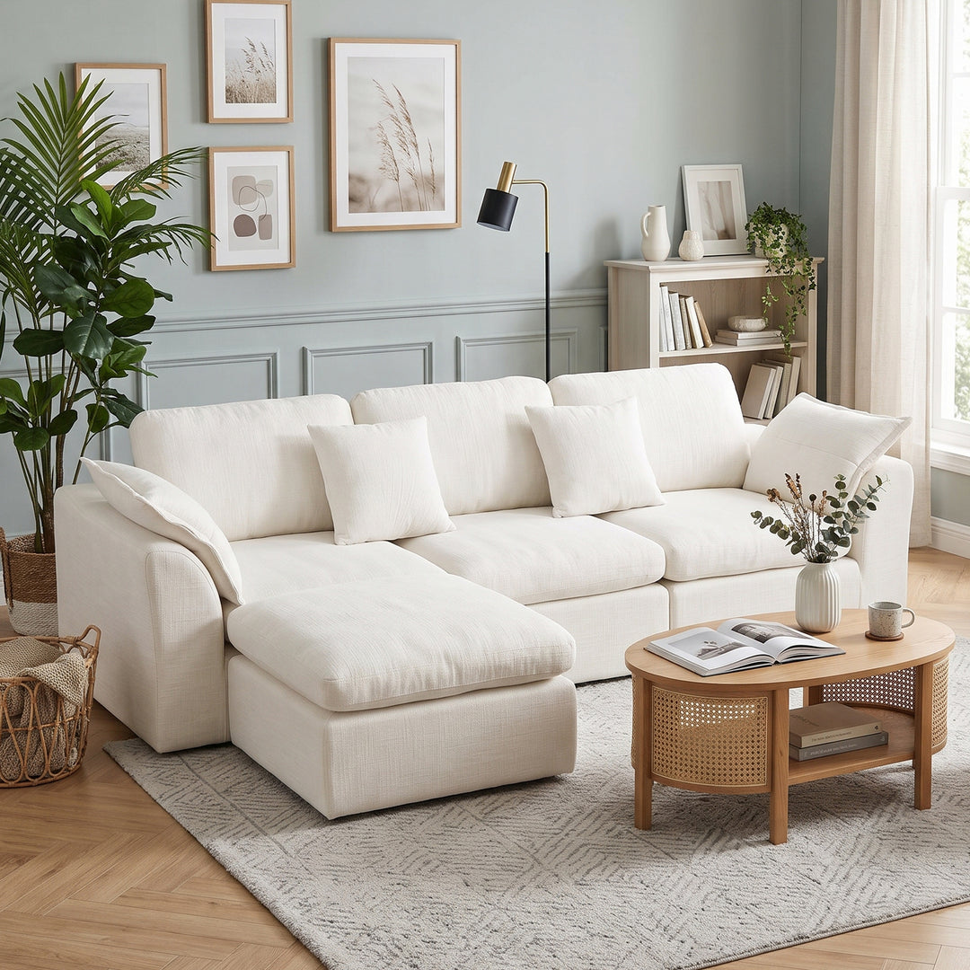 Modular 3-Seater Sectional Sofa Off-White Chenille with Movable Ottoman 246cm ARROWCREDENZA