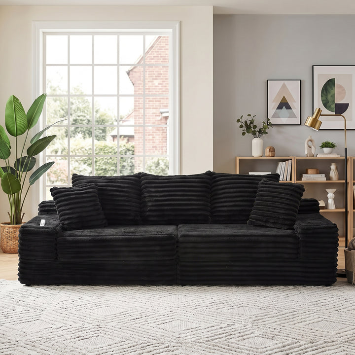 Luxury Black Ribbed Velvet 3-Seater Sofa Bed Convertible with Cupholders and Side Pockets WOOLCART