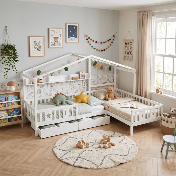 White Children's House Bed with 2 Storage Drawers LED Light and Guardrail 3ft 90x190 ARROWTHROW