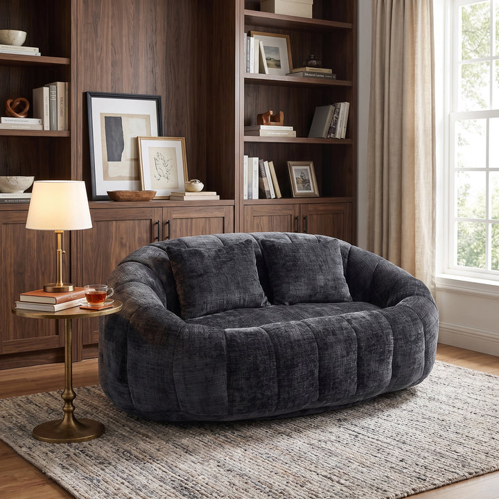 Contemporary Black Chenille Curved Barrel Chair and Cuddle Lounger with 2 Pillows WOOLCHEST