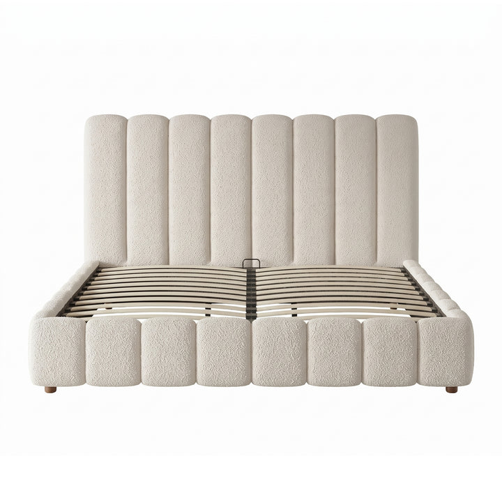White Bouclé Super King Ottoman Bed & with Storage & Padded Headboard 180x200cm WOODROOM