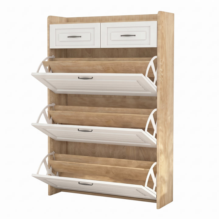 White shoe cabinet with 3 flip doors & 2 drawers 80x23.5x131cm ELEGANT TRAY ART