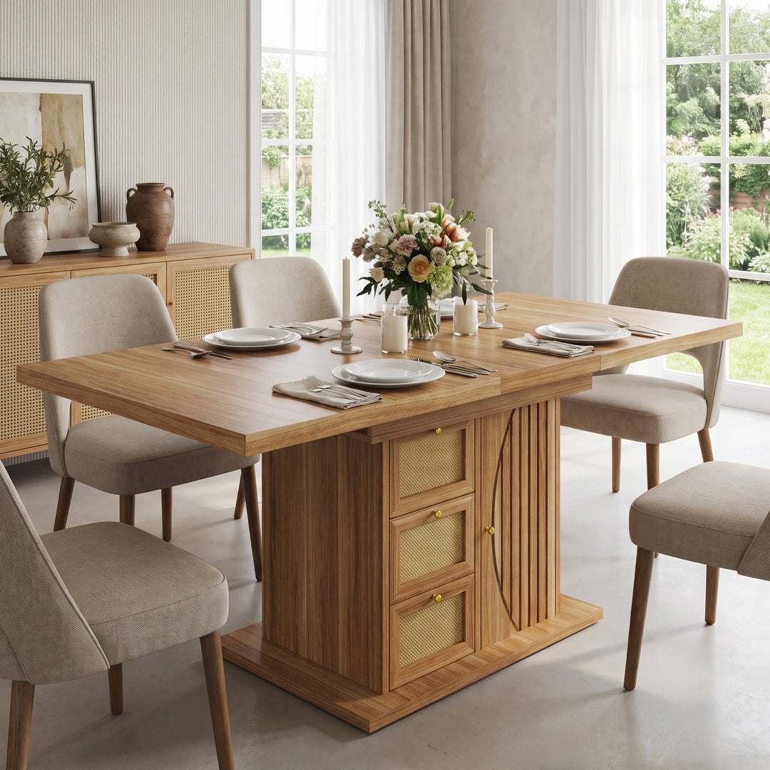 Wooden Extendable Dining Table with 3 Drawers and Cupboard 110–140cm ARROWWARDROBE