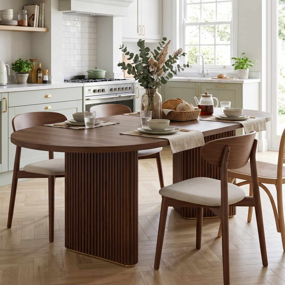 Brown Extendable Oval Dining Table with 2 Hidden Storage Cabinets 120–160cm ARROWBASKET