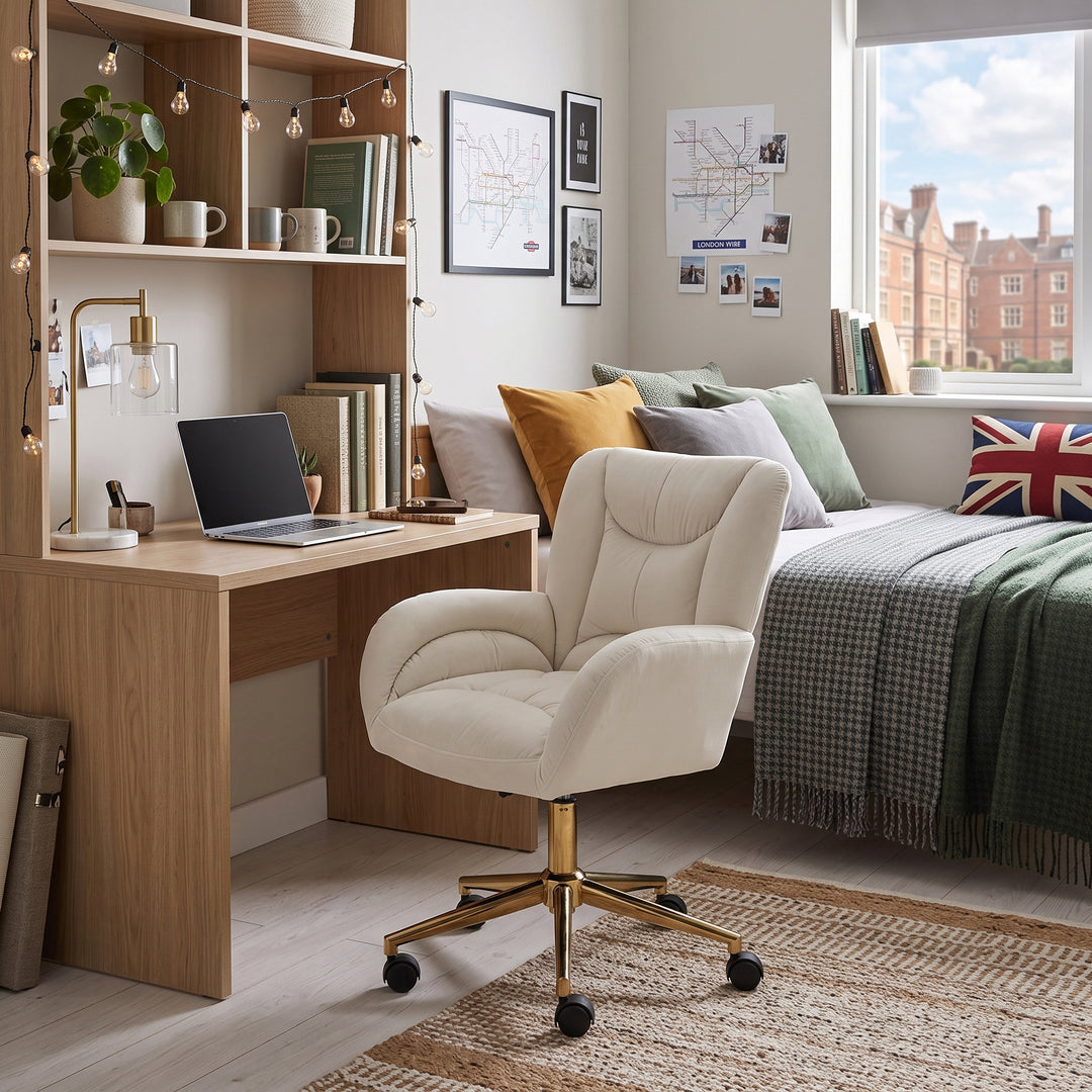 White ivory 360° swivel velvet high back office chair SHAHMIS IVORY UK