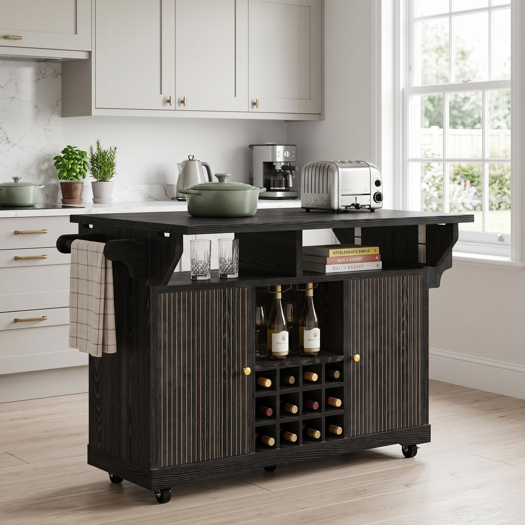 Black kitchen trolley with foldable dining table, wine rack and wheels RACKFLOW