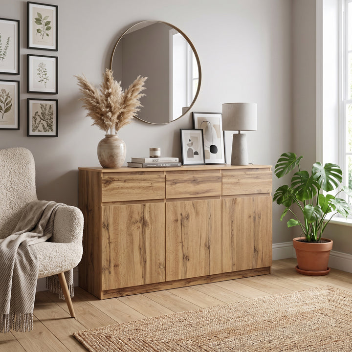 Oak Sideboard with 3 Drawers & 3 Doors 135cm WOODTRUNK