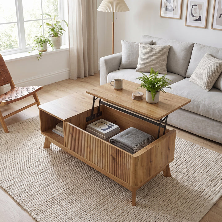 Oak Lift-Top Coffee Table with Hidden Storage and Open Shelf 95cm WOODCURTAIN