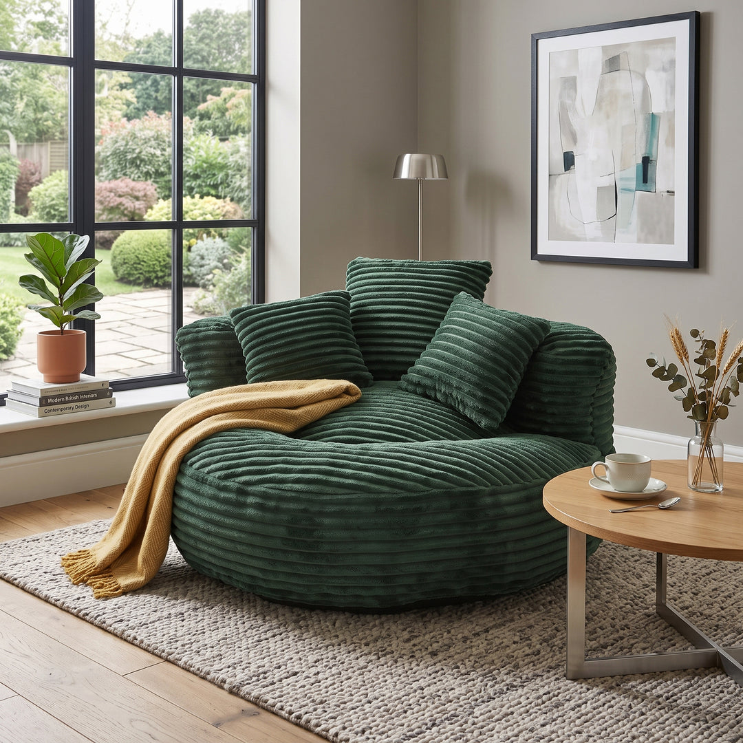 Large bean bag chair with 3 pillows, corduroy armchair, green RATTANBASKET