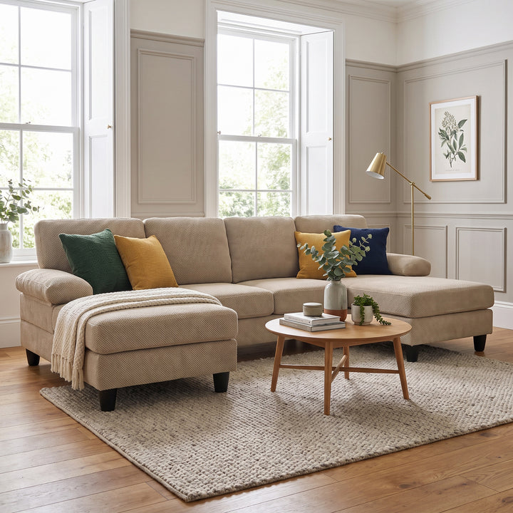 Modern Beige Camel Fabric U-Shaped Sectional Sofa with Dual Chaises 264cm WOODTRAY
