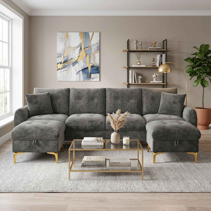 U-shaped tufted 4-seater modular sofa with 2 storage ottomans, chenille grey and golden legs QUADSHELF
