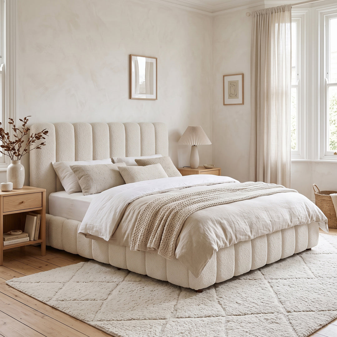 White Bouclé Super King Ottoman Bed & with Storage & Padded Headboard 180x200cm WOODROOM