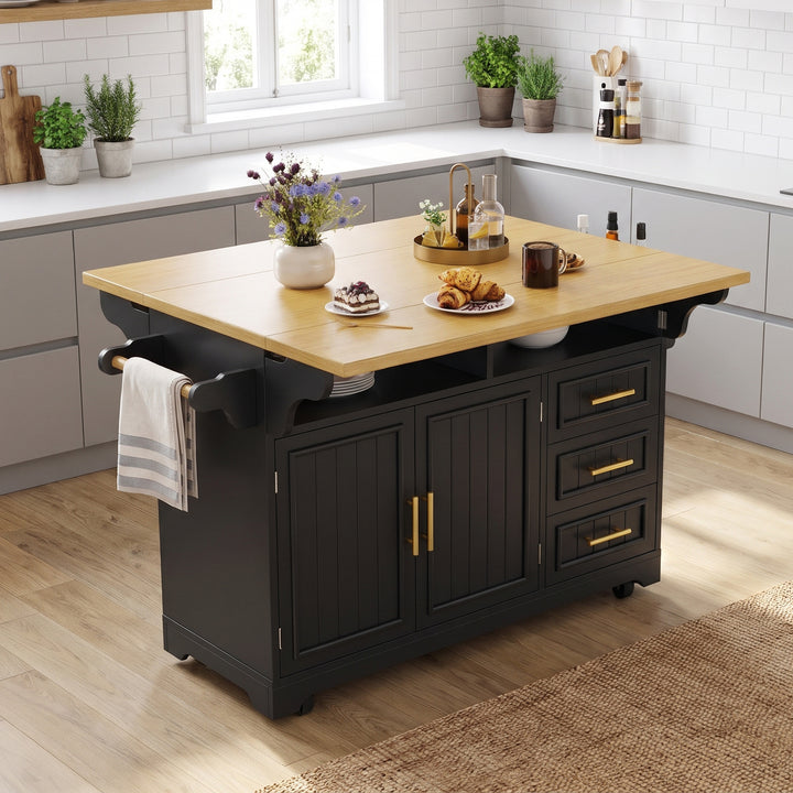 Black Kitchen Island on Castors with Fold-Out Worktop & Storage Drawers ARROWRACK