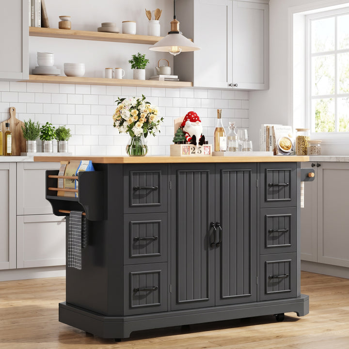 Black Kitchen Island Cart on Wheels with 6 Drawers & Cabinet ARROWSCREEN
