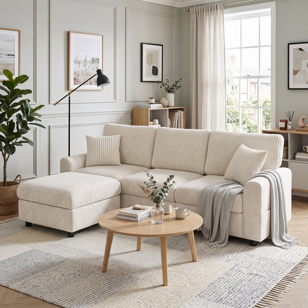 L-Shaped Sofa Beige Chenille and Corduroy with Footstool 223cm WOODPRO