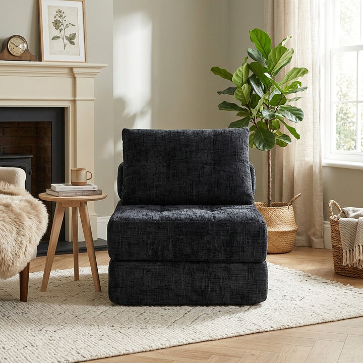 Compact Black Upholstered Folding Sleeper Chair with Straps WOODDESK