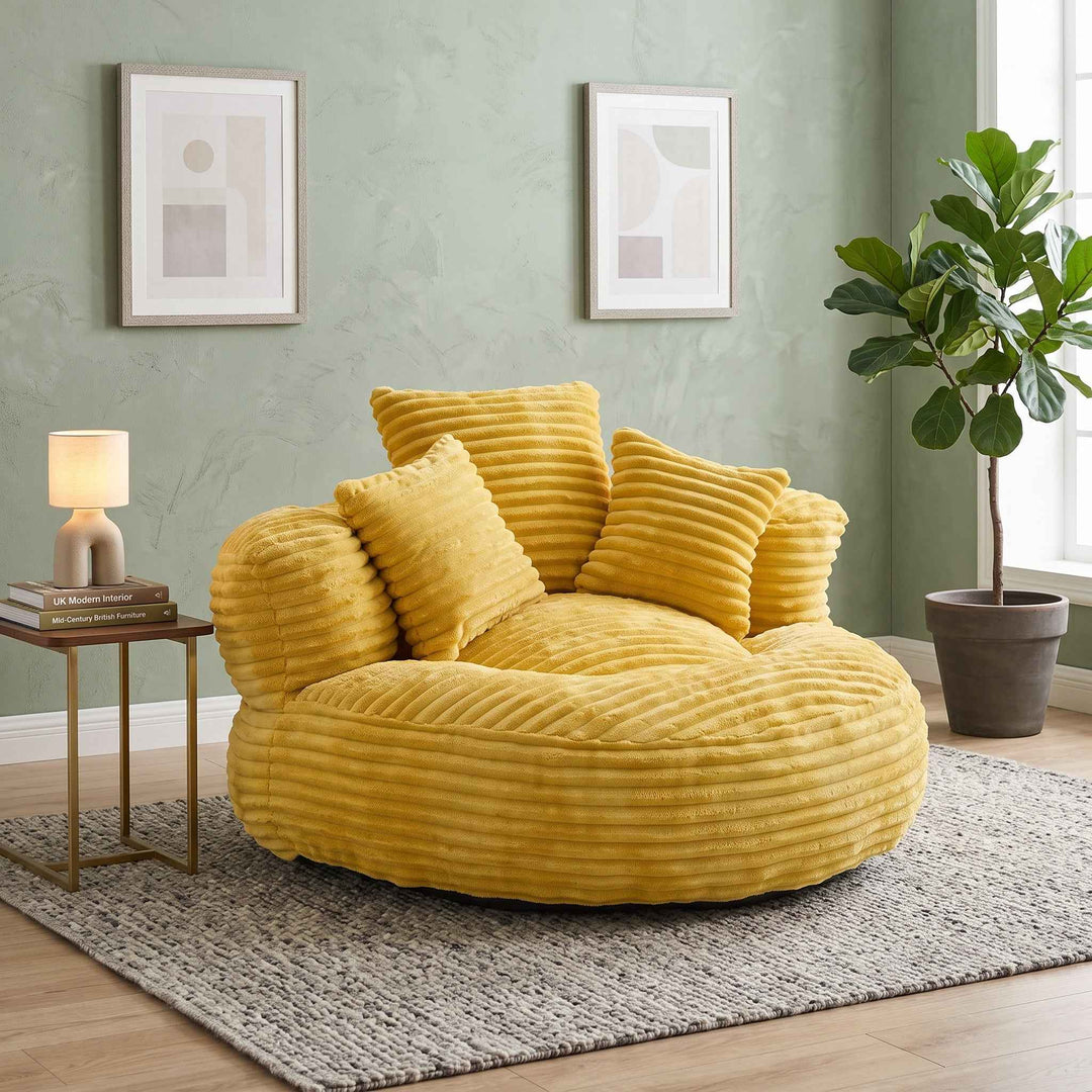 Large bean bag chair with 3 pillows, corduroy armchair, yellow RATTANARMOIRE