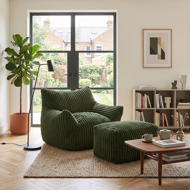 Green corduroy bean bag chair with footstool, comfy lounge seat QUADTHROW