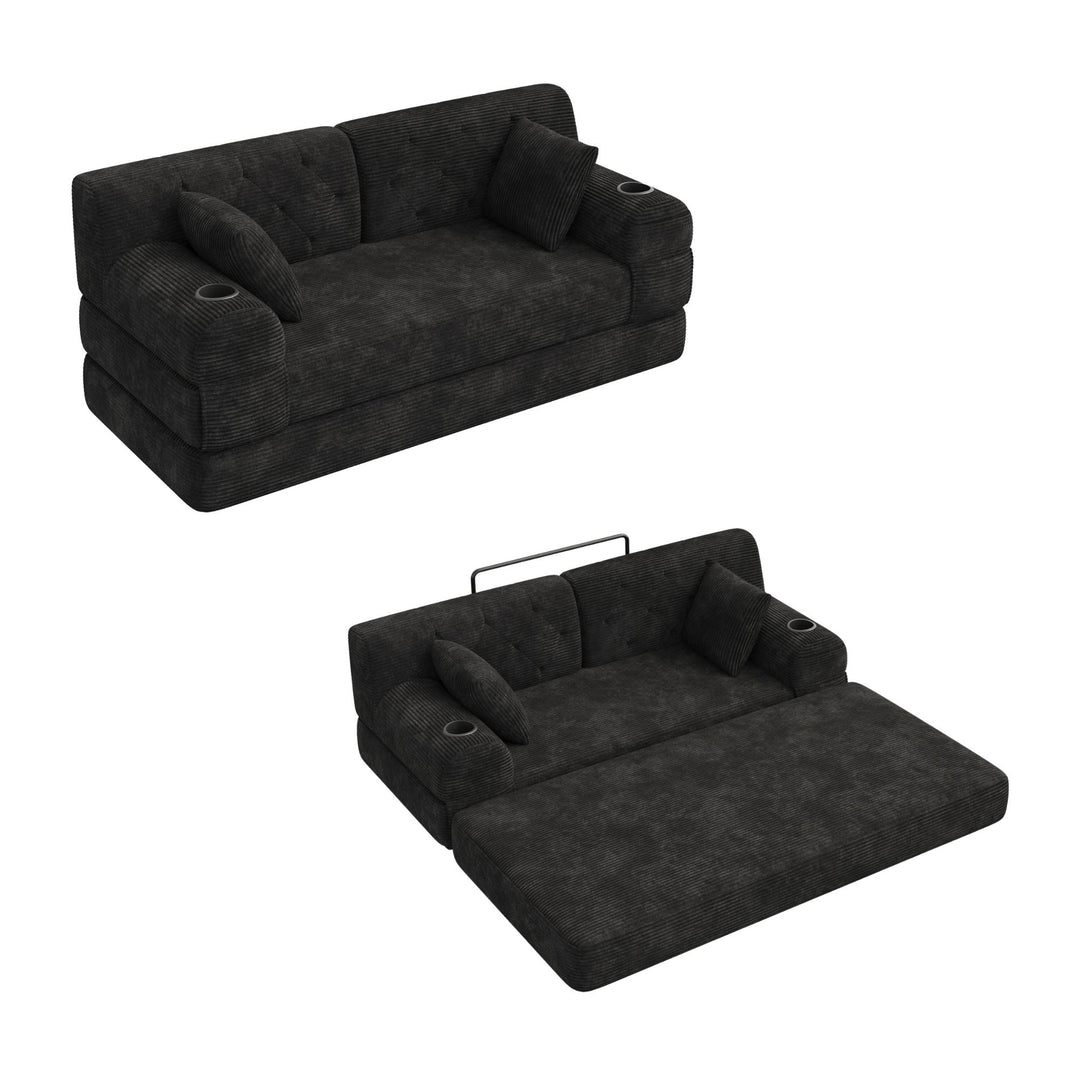 Contemporary Black Corduroy 2 Seaters Sofa Bed Convertible with Tufted Back and Cupholders WOODVANITY