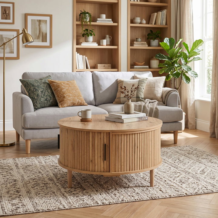 Oak Lift-Top Round Coffee Table with Storage and Sliding Door 80 cm WOODCUSHION
