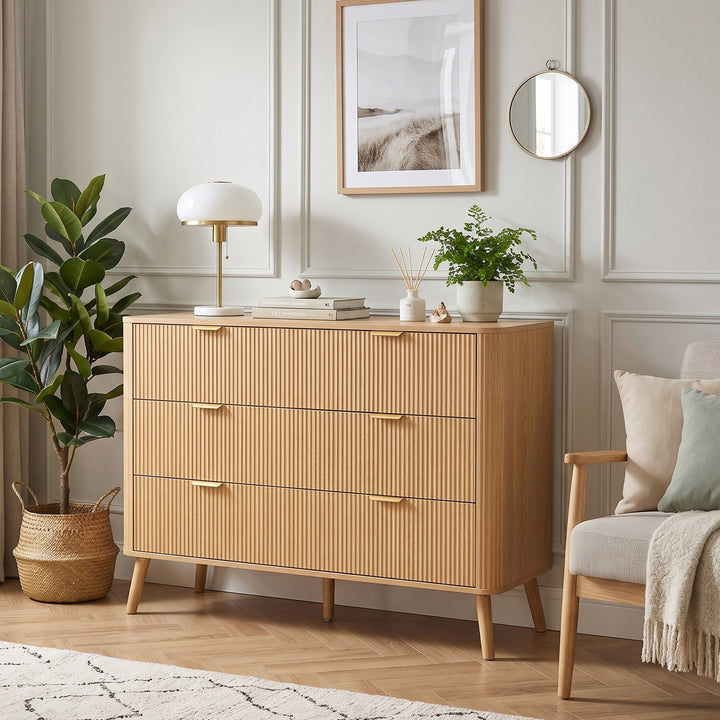 3-Drawer Scandinavian Oak-look Sideboard with Fluted Fronts 100cm ARROWDESK