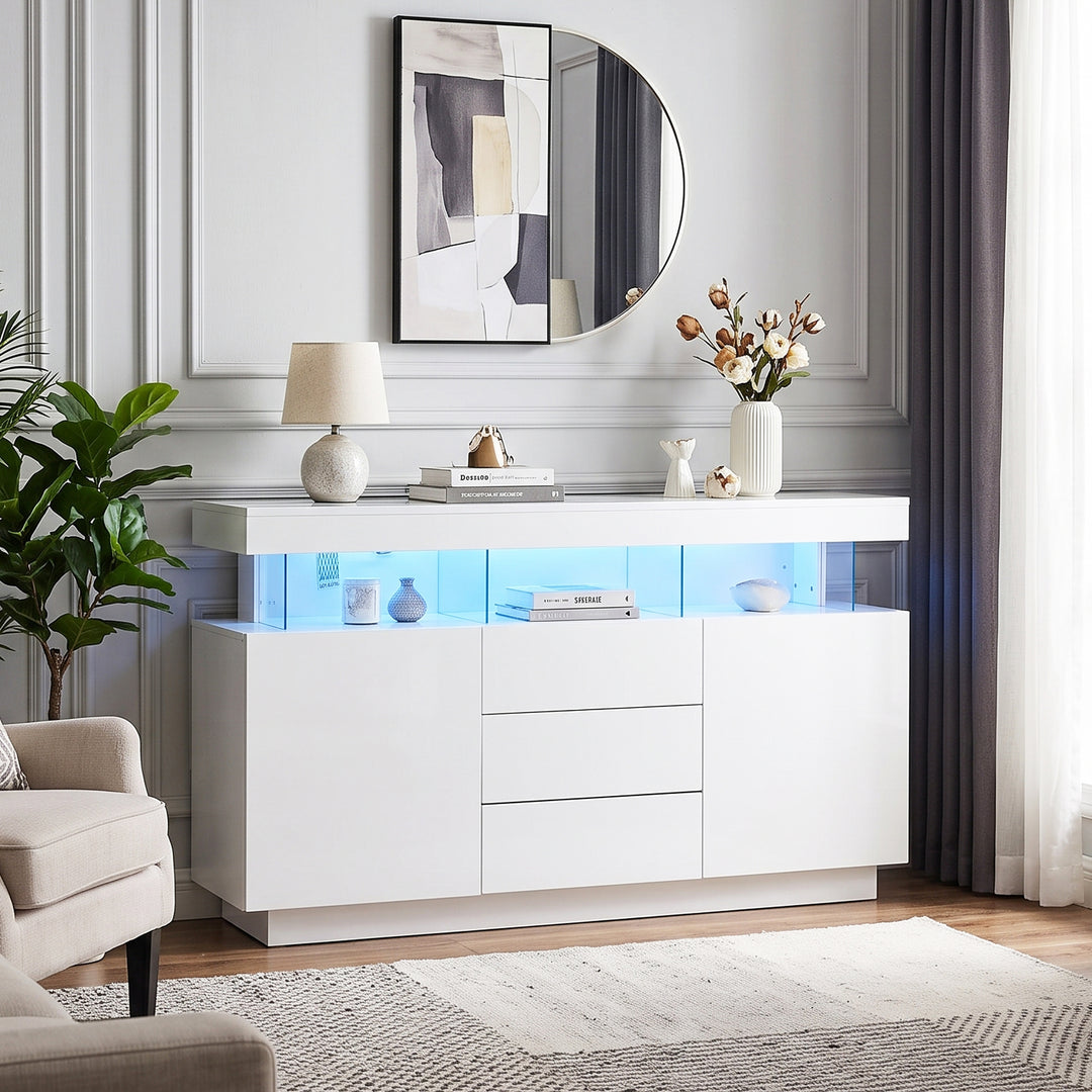 Modern White Sideboard 2 Doors 3 Drawers with LED Lights 140cm WOODMIRROR