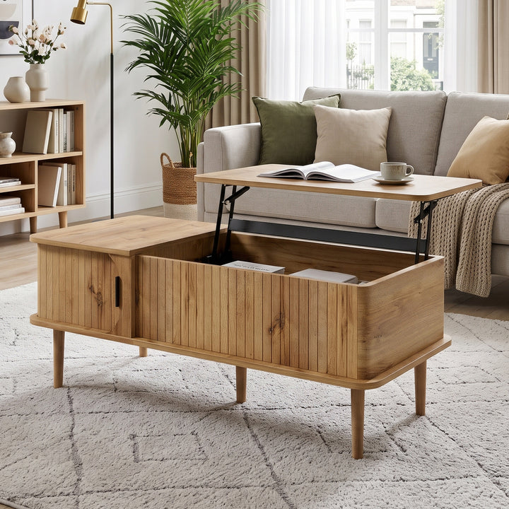 Retro Lift-Top Natural Wooden Look Coffee Table with 3D Wave 95cm ARROWLAMP