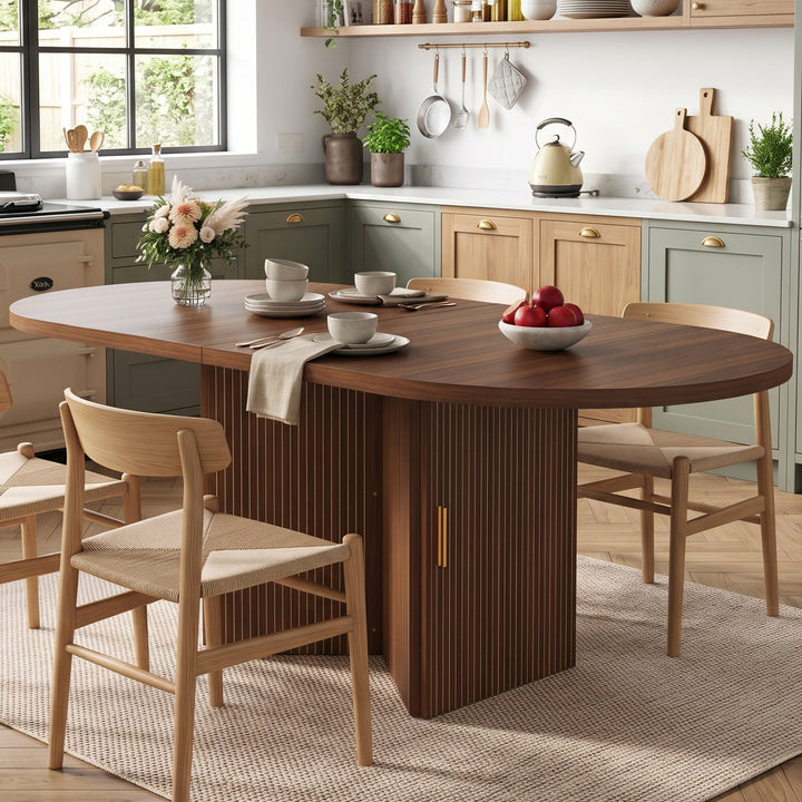 Brown Extendable Oval Dining Table with 2 Hidden Storage Cabinets 120–160cm ARROWBASKET