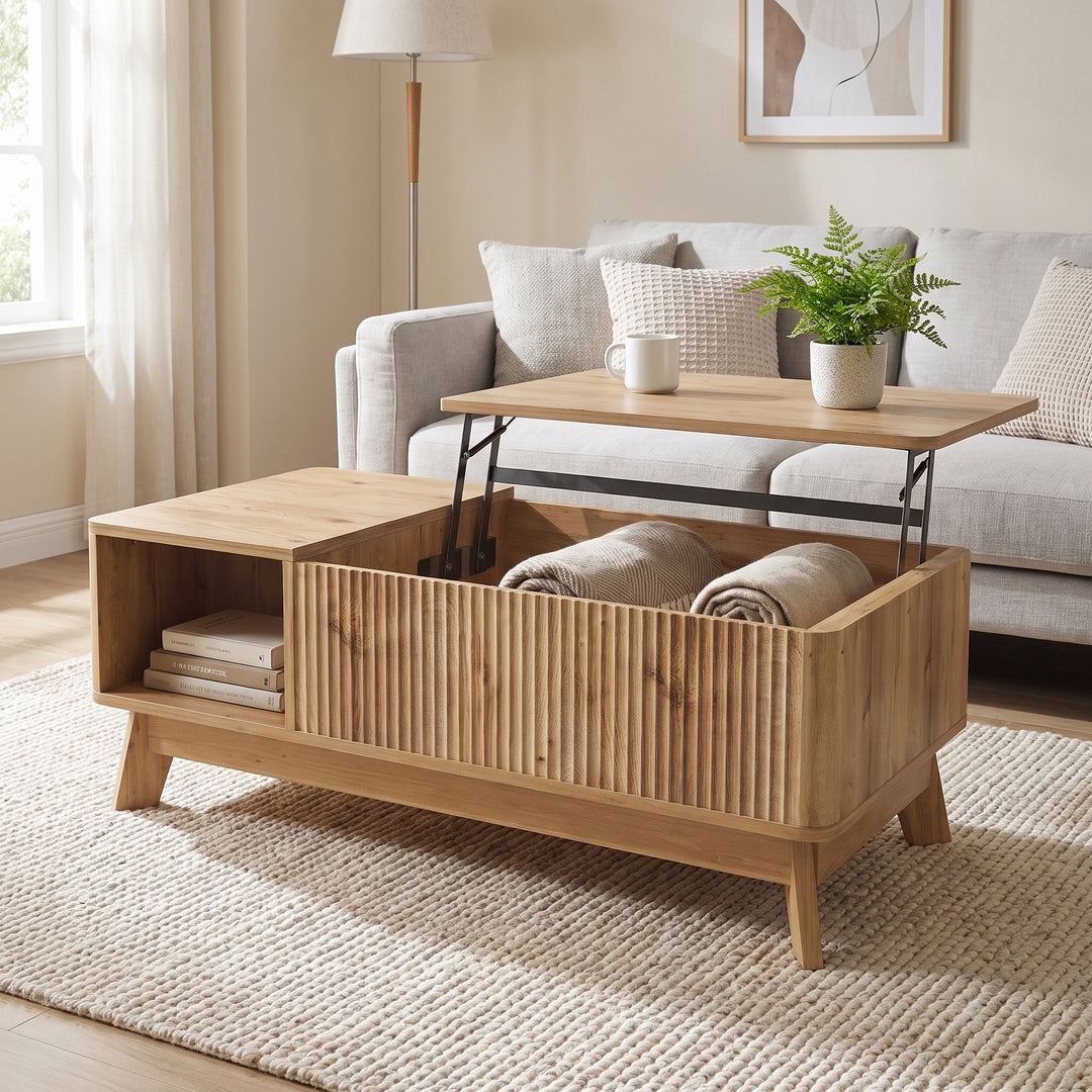Oak Lift-Top Coffee Table with Hidden Storage and Open Shelf 95cm WOODCURTAIN