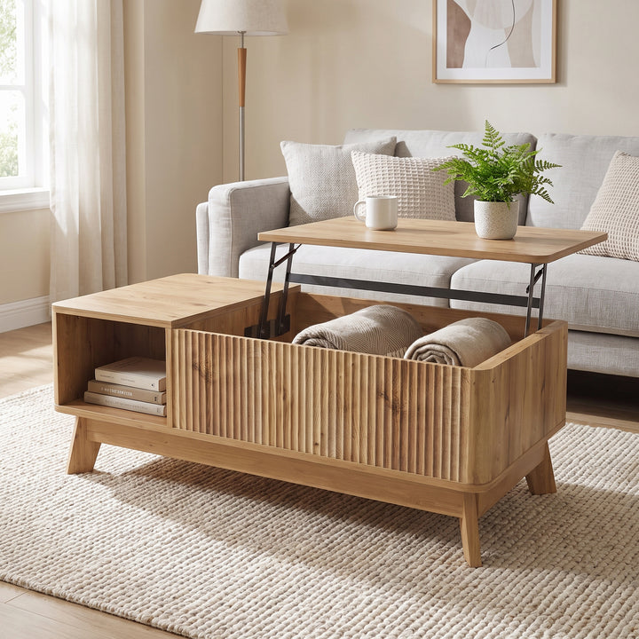 Oak Lift-Top Coffee Table with Hidden Storage and Open Shelf 95cm WOODCURTAIN