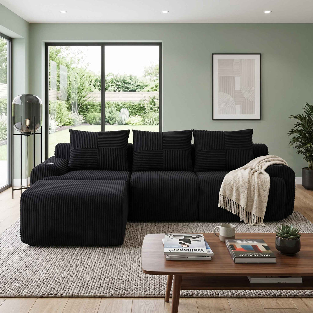 Modular 3-seater L-shape corduroy sofa with ottomans, black, storage pockets RACKGREEN