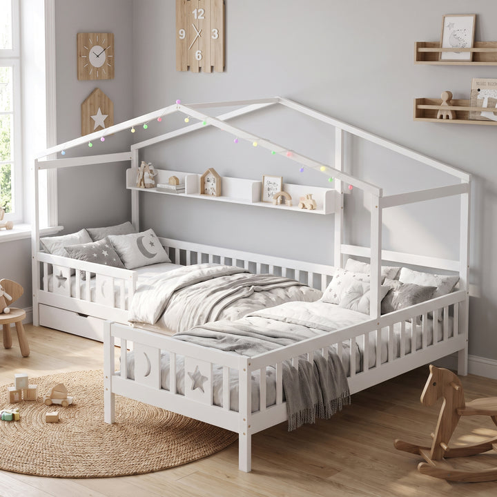 White Children's House Bed with 2 Storage Drawers LED Light and Guardrail 3ft 90x190 ARROWTHROW