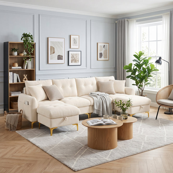 Modular U-Shaped Sofa 4 Seater Beige Chenille with 2 Storage Ottomans WOODMAX