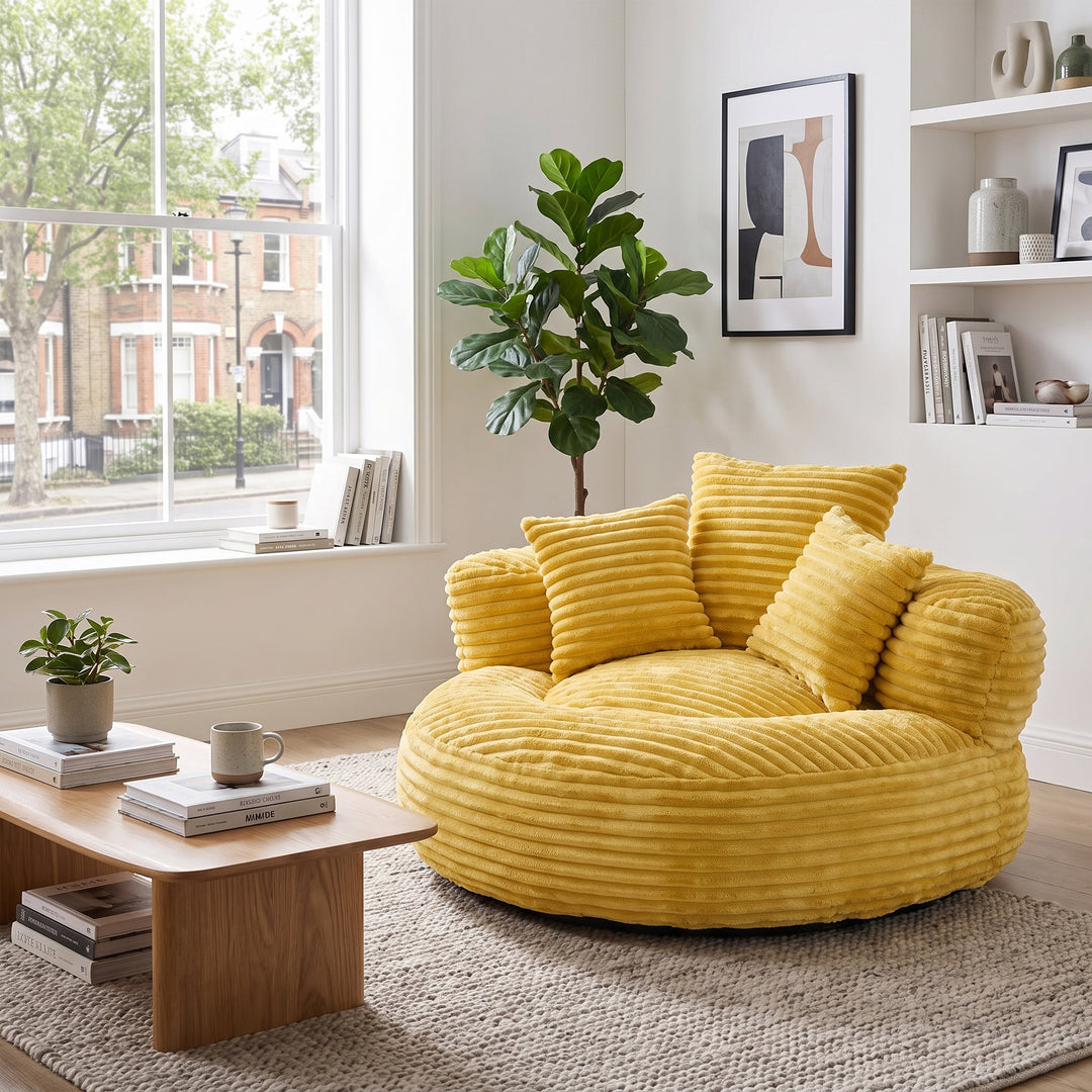 Large bean bag chair with 3 pillows, corduroy armchair, yellow RATTANARMOIRE