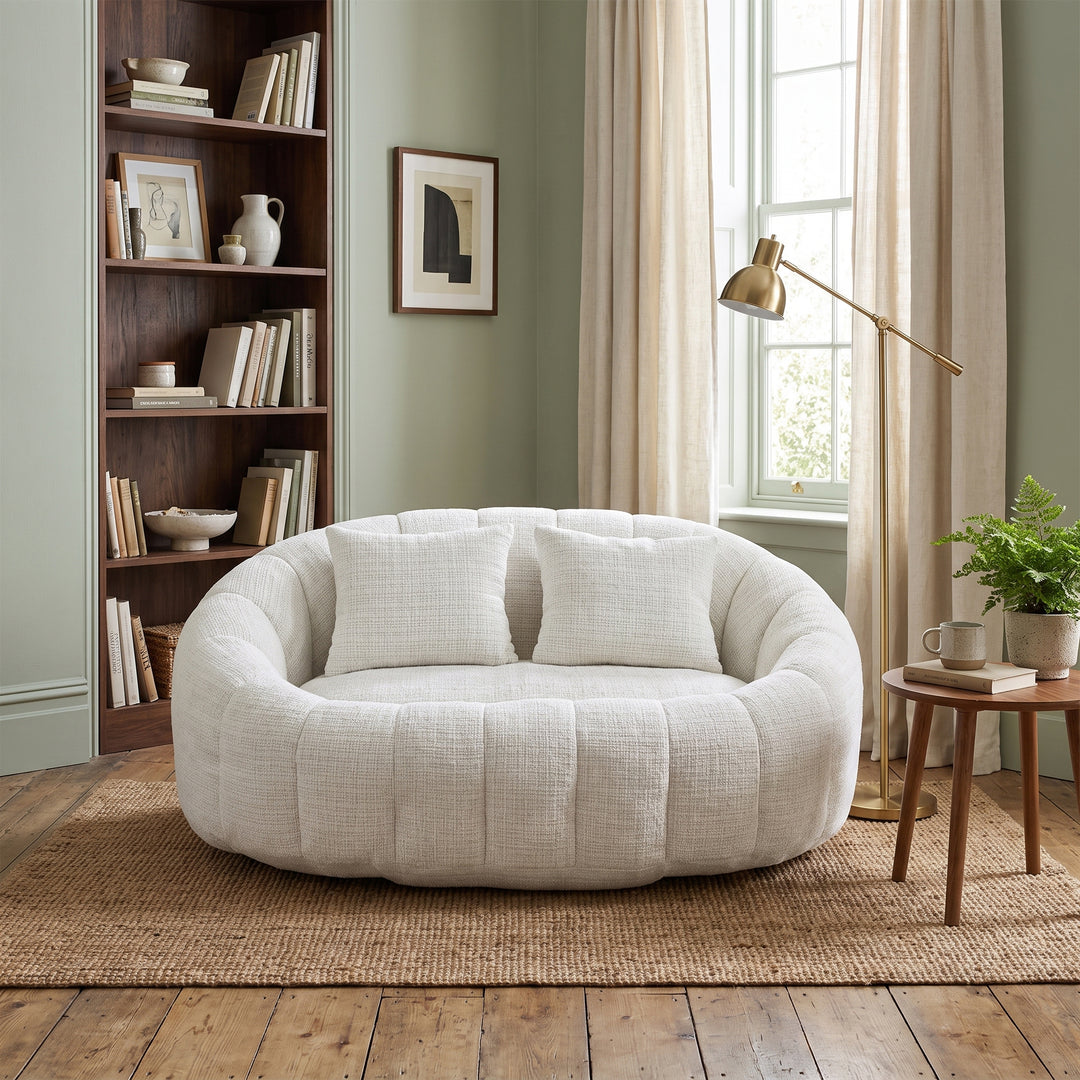 Contemporary Beige Chenille Curved Barrel Chair and Cuddle Lounger with 2 Pillows WOOLCHAIR