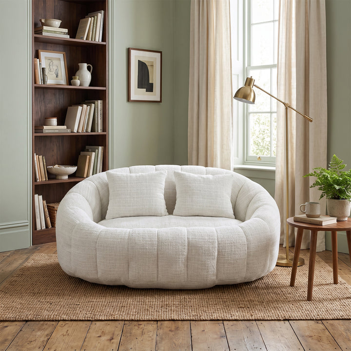 Contemporary Beige Chenille Curved Barrel Chair and Cuddle Lounger with 2 Pillows WOOLCHAIR