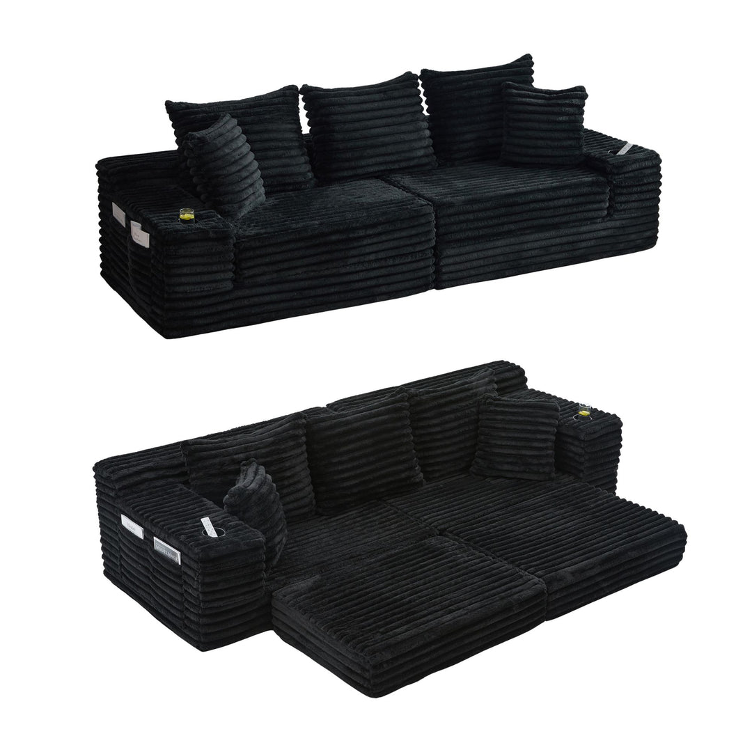 Luxury Black Ribbed Velvet 3-Seater Sofa Bed Convertible with Cupholders and Side Pockets WOOLCART