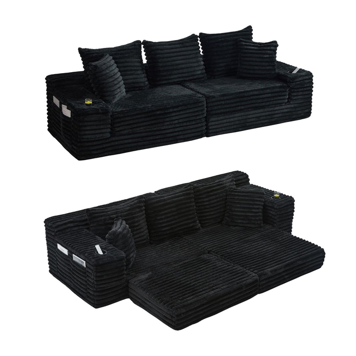 Luxury Black Ribbed Velvet 3-Seater Sofa Bed Convertible with Cupholders and Side Pockets WOOLCART