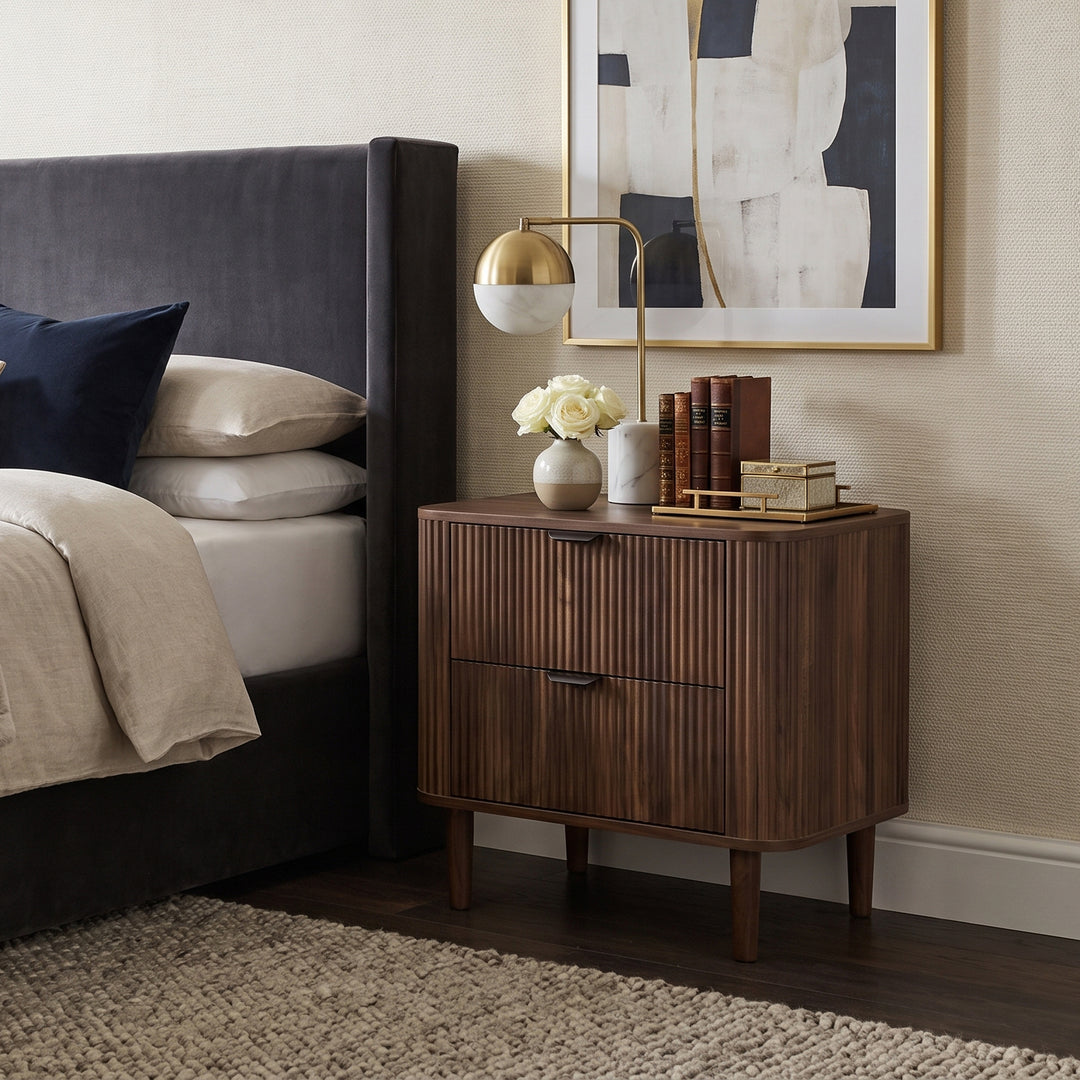 Walnut Nightstand Bedside Table with Fluted 2-Drawer Storage WOODLINE