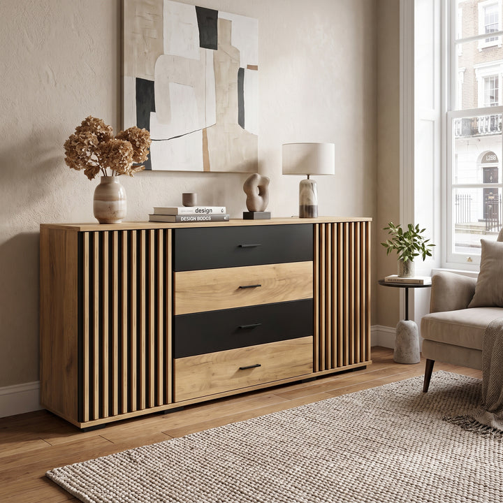 Oak Sideboard Black Stripe with 4 Drawers & 2 Doors 140cm WOODCHAIR