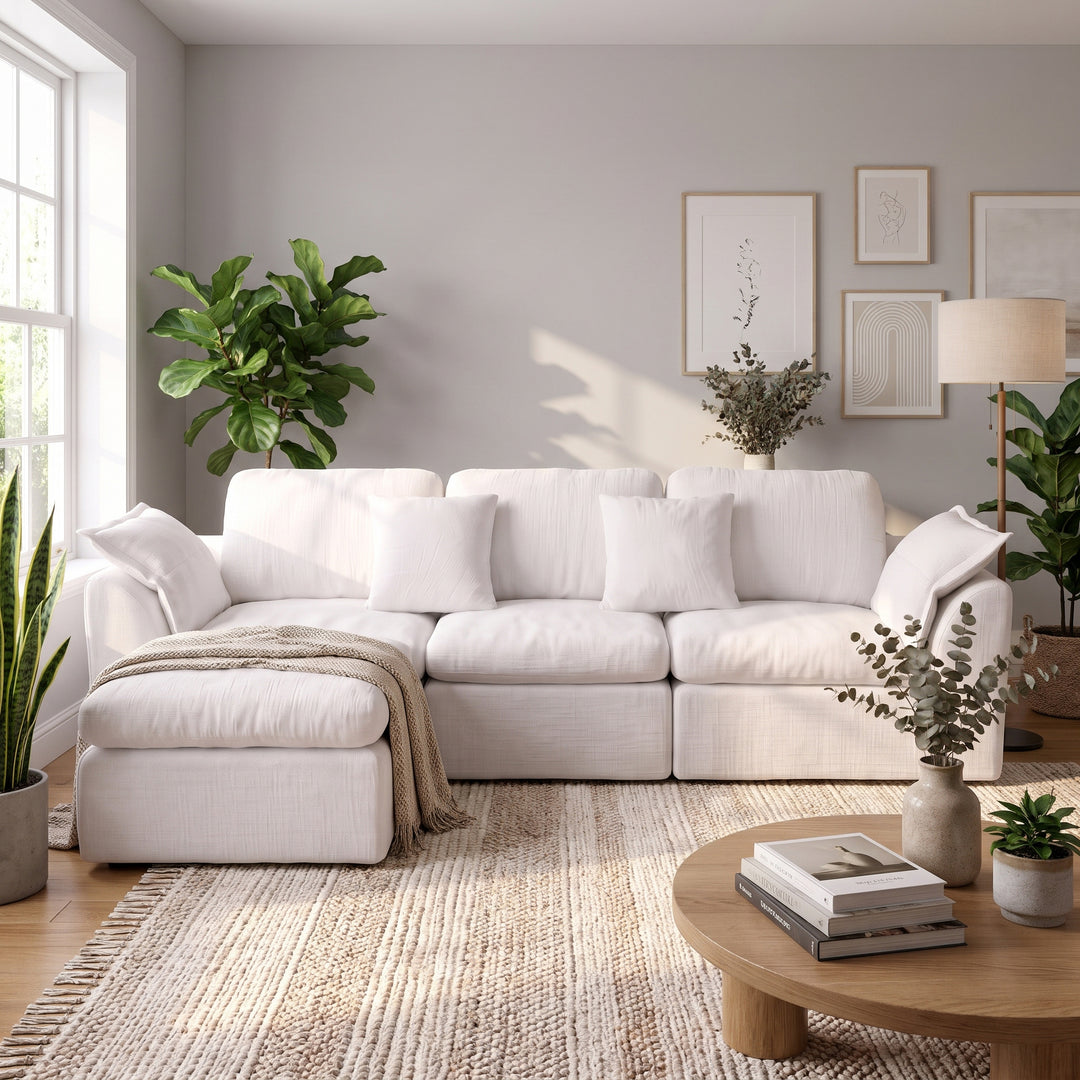 Modular 3-Seater Sectional Sofa Off-White Chenille with Movable Ottoman 246cm ARROWCREDENZA