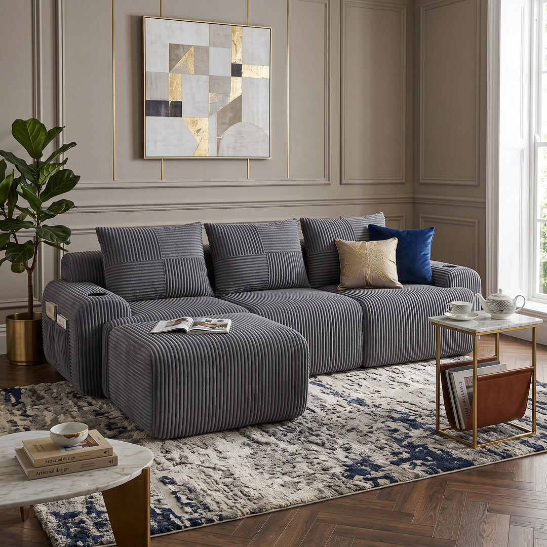 3-seater L-shaped modular corduroy sofa with ottomans, dark grey lounge RACKMARBLE
