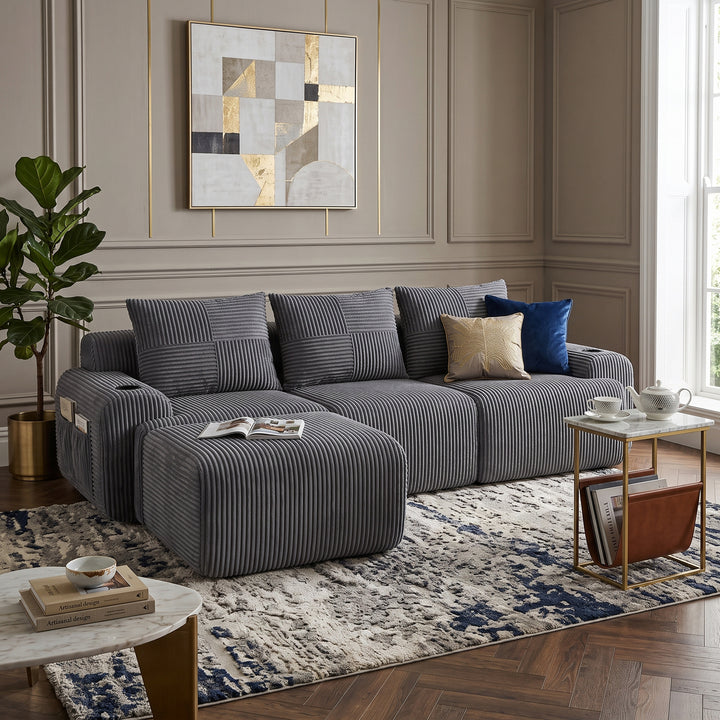 3-seater L-shaped modular corduroy sofa with ottomans, dark grey lounge RACKMARBLE