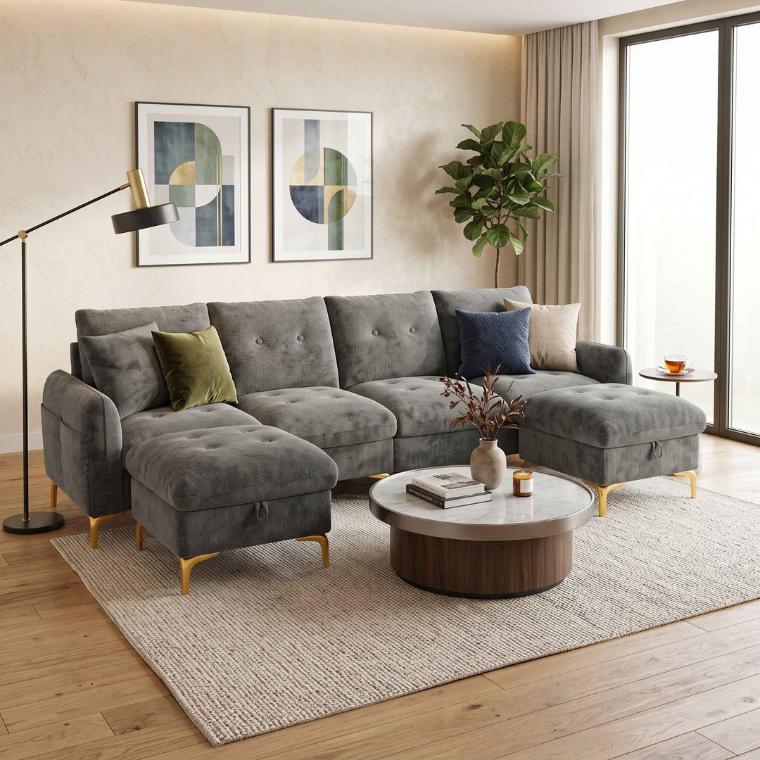 U-shaped tufted 4-seater modular sofa with 2 storage ottomans, chenille grey and golden legs QUADSHELF