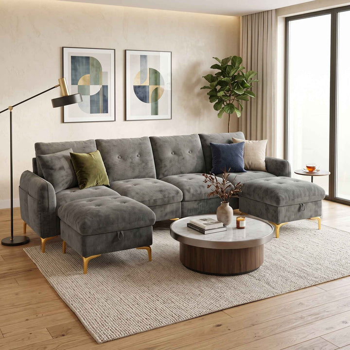 U-shaped tufted 4-seater modular sofa with 2 storage ottomans, chenille grey and golden legs QUADSHELF