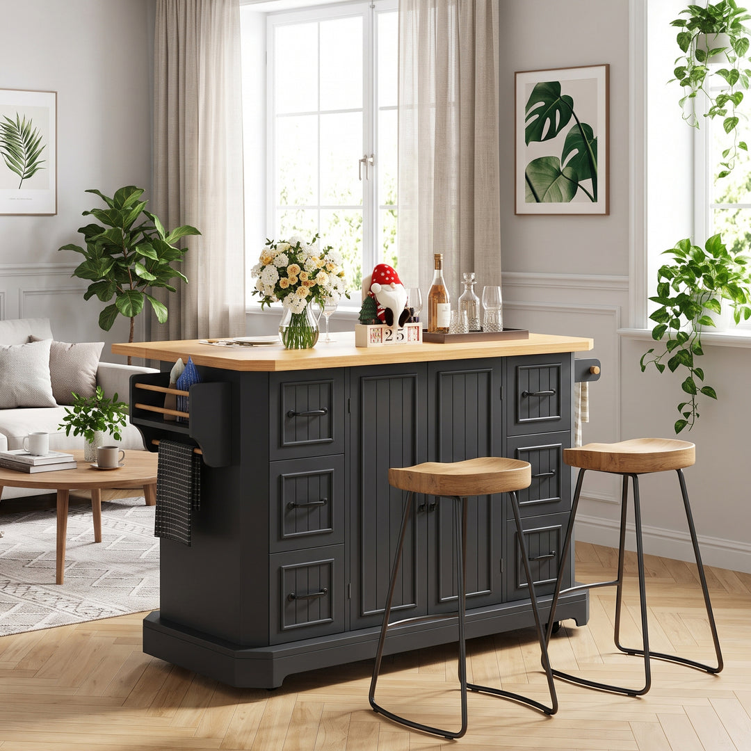 Black Kitchen Island Cart on Wheels with 6 Drawers & Cabinet ARROWSCREEN