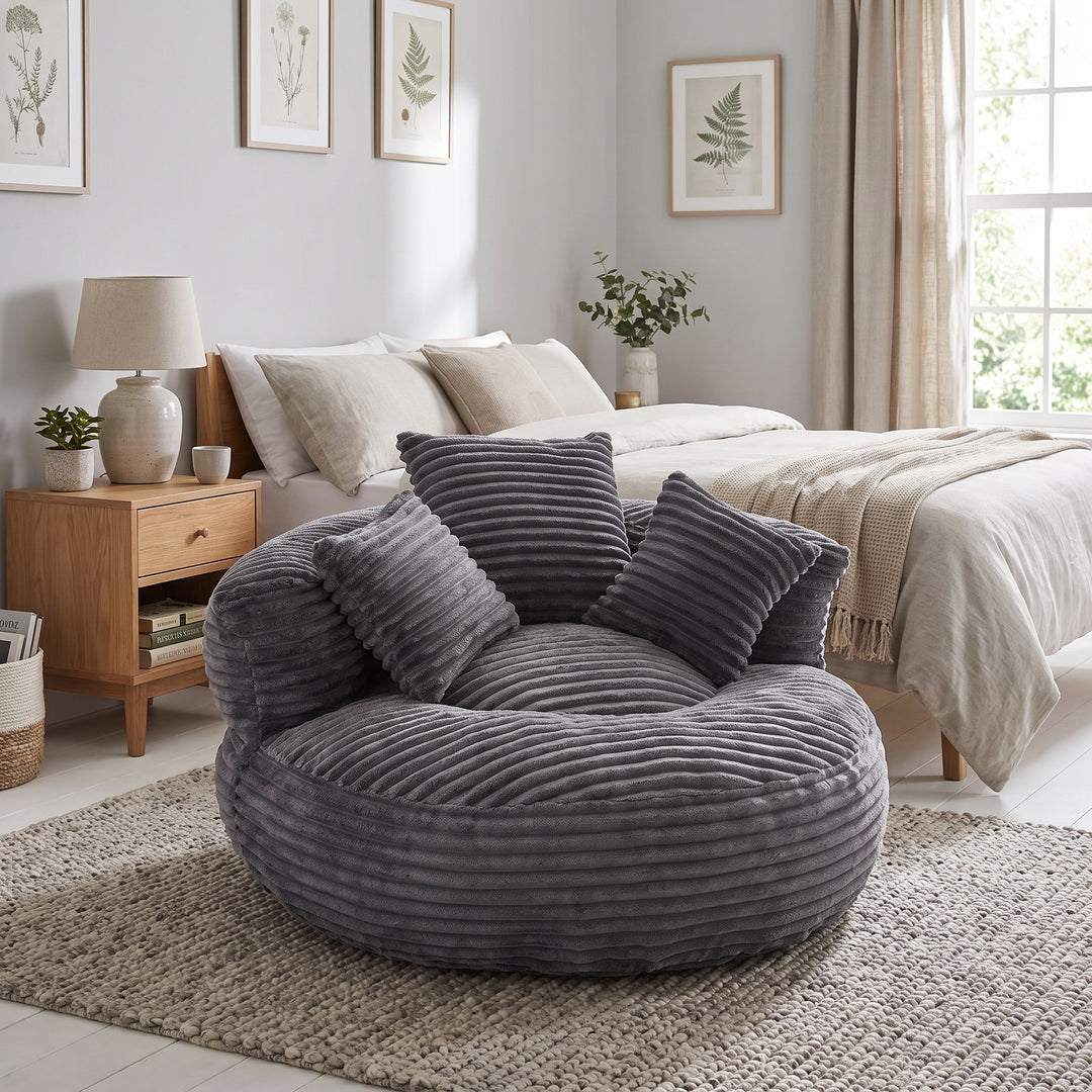 Large bean bag chair with 3 pillows, corduroy armchair, dark grey RACKWORK