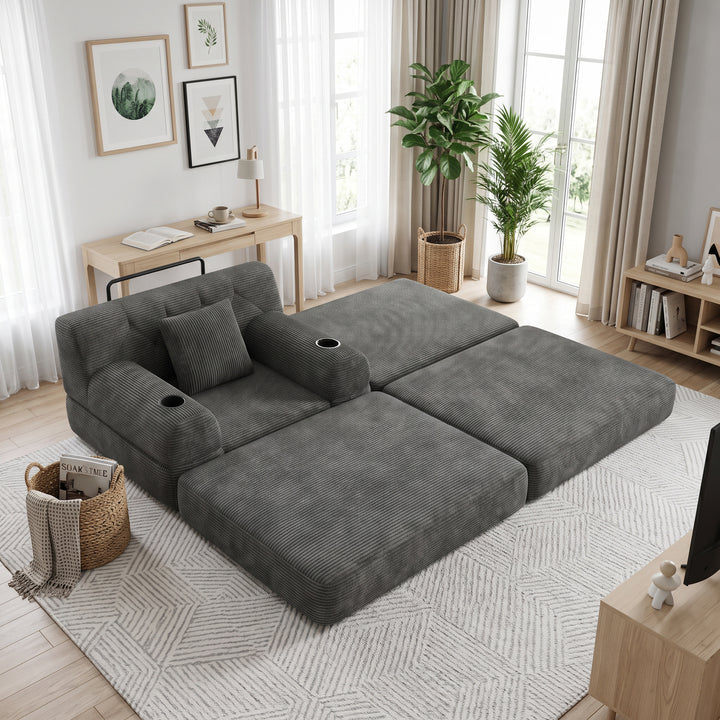 Contemporary Grey Corduroy Lounger with Tufted Back and Cupholders WOOLBASKET
