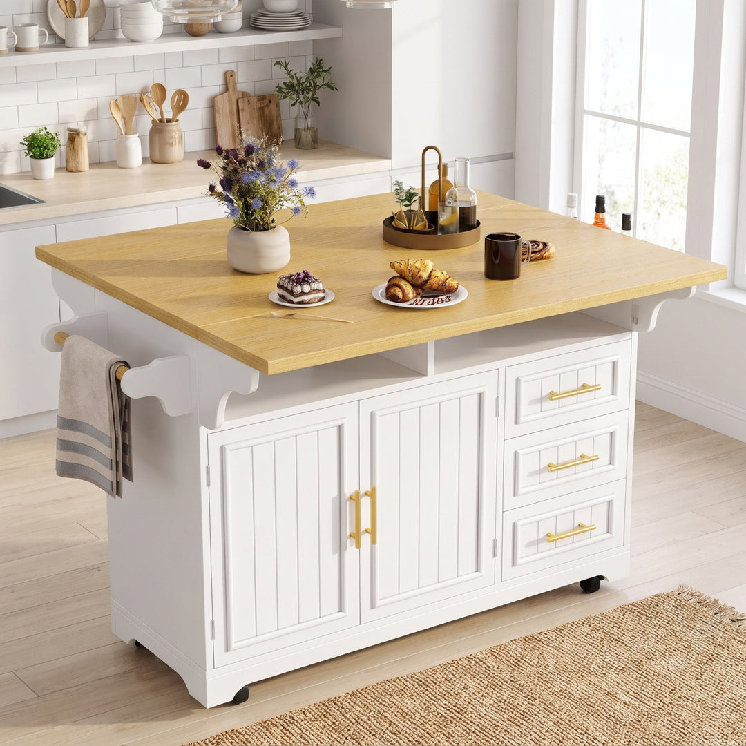 White Kitchen Island on Wheels with Fold-Out Worktop, 3 Drawers and Cabinets ARROWRUG