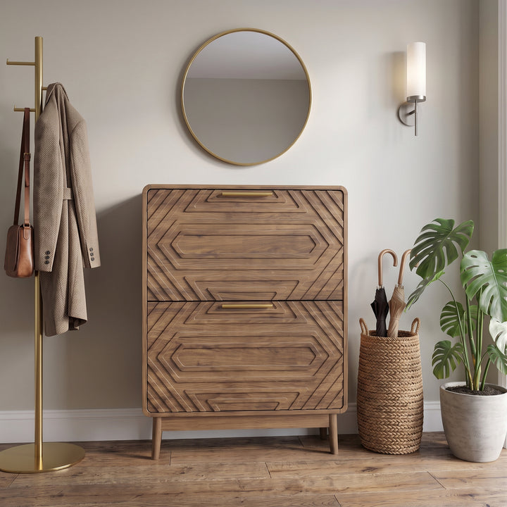 Walnut Shoe Cabinet with 2 Flip-Down Drawers, Slim Storage 60cm WOODELITE